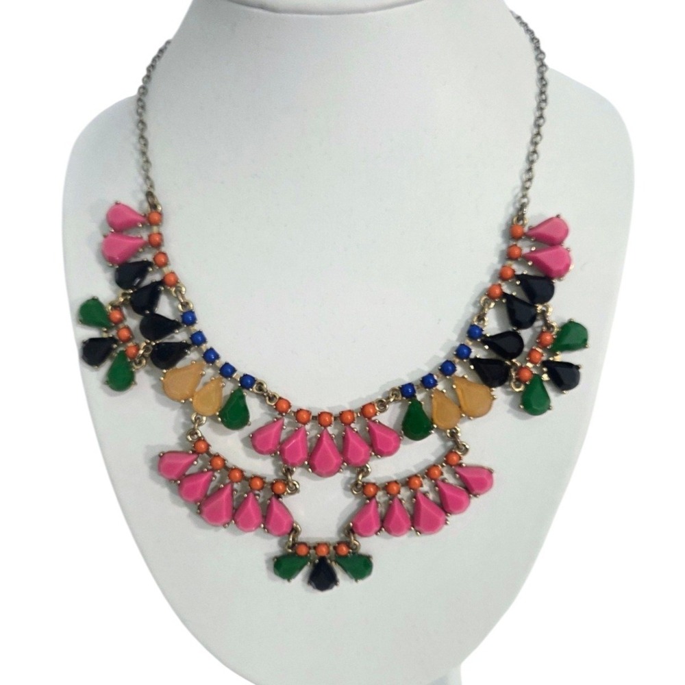J Crew Statement Necklace Teardrop Beaded Colorful Preppy Maximalist Whimsical